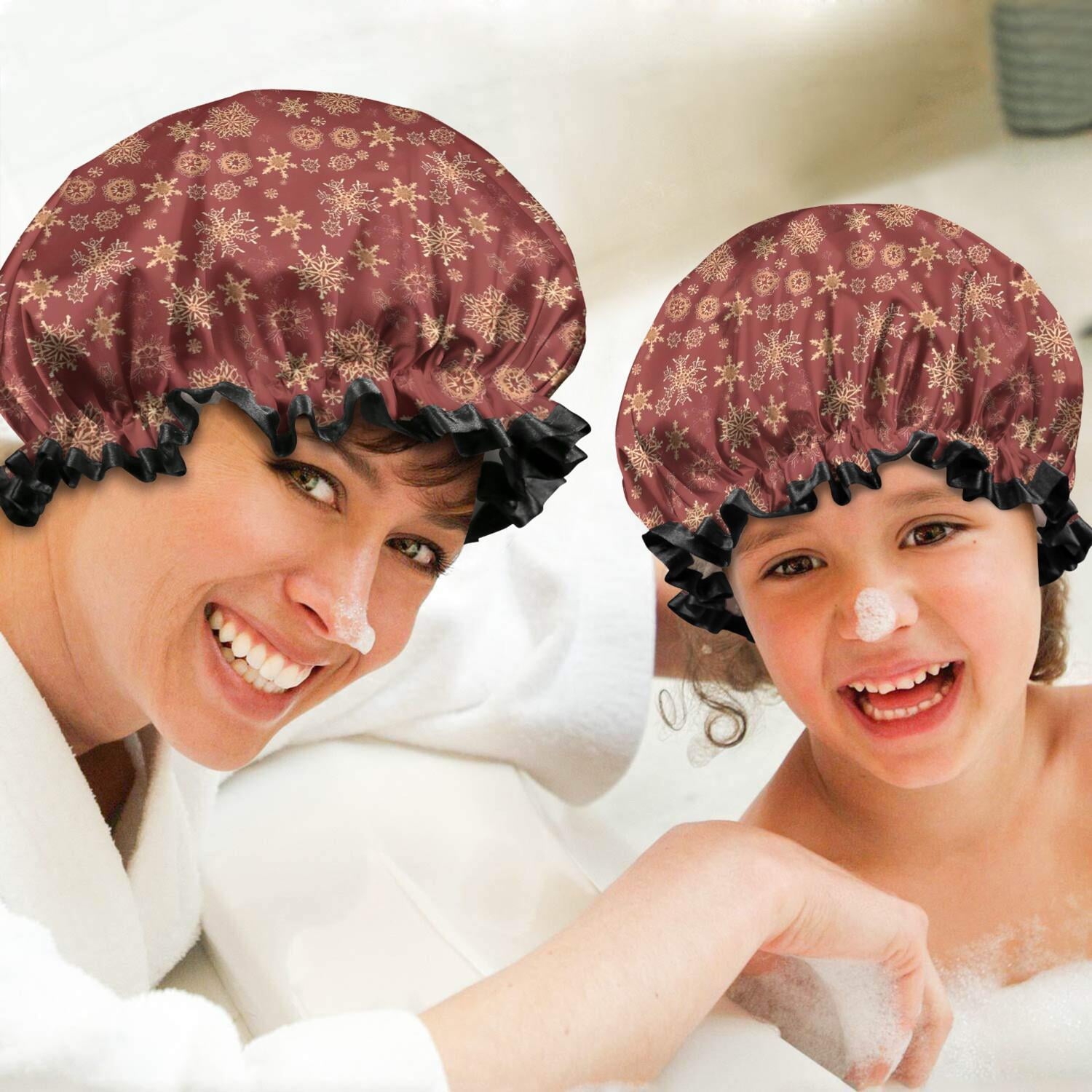 Shower Caps,Red Christmas Snowflake Pattern Waterproof Shower Cap for Women 4 Pieces,Double Reusable Hair Cover for Shower PEVA Elastic Stretch Hem