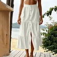 thumbnail image 4 of Womens Elastic High Waist Tiered Ruffle Midi Skirt Front Split Button Down Solid Boho Long Skirt for Summer Casual Wear White S(S), 4 of 7