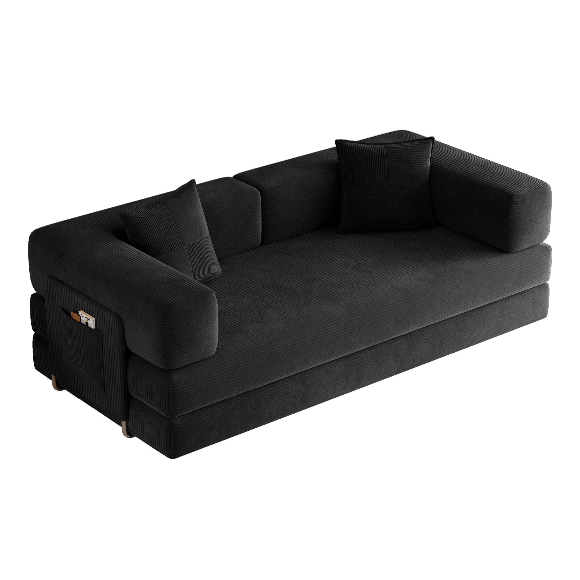 Leumius 79 Inch Convertible Sofa Bed,5-in-1 Corduroy Floor Sofa with High-Density Foam,Metal Back and Arm Supports, Washable Cover and Side Pockets,Black