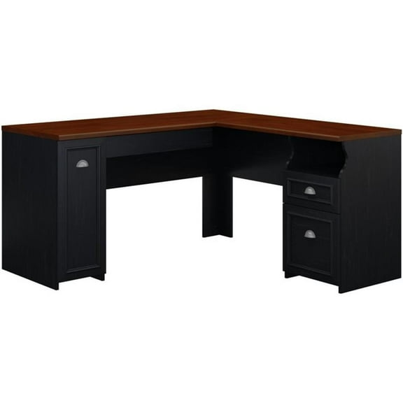 Atlin Designs Farmhouse Wood L Shaped Desk with storage in Antique Black/Cherry