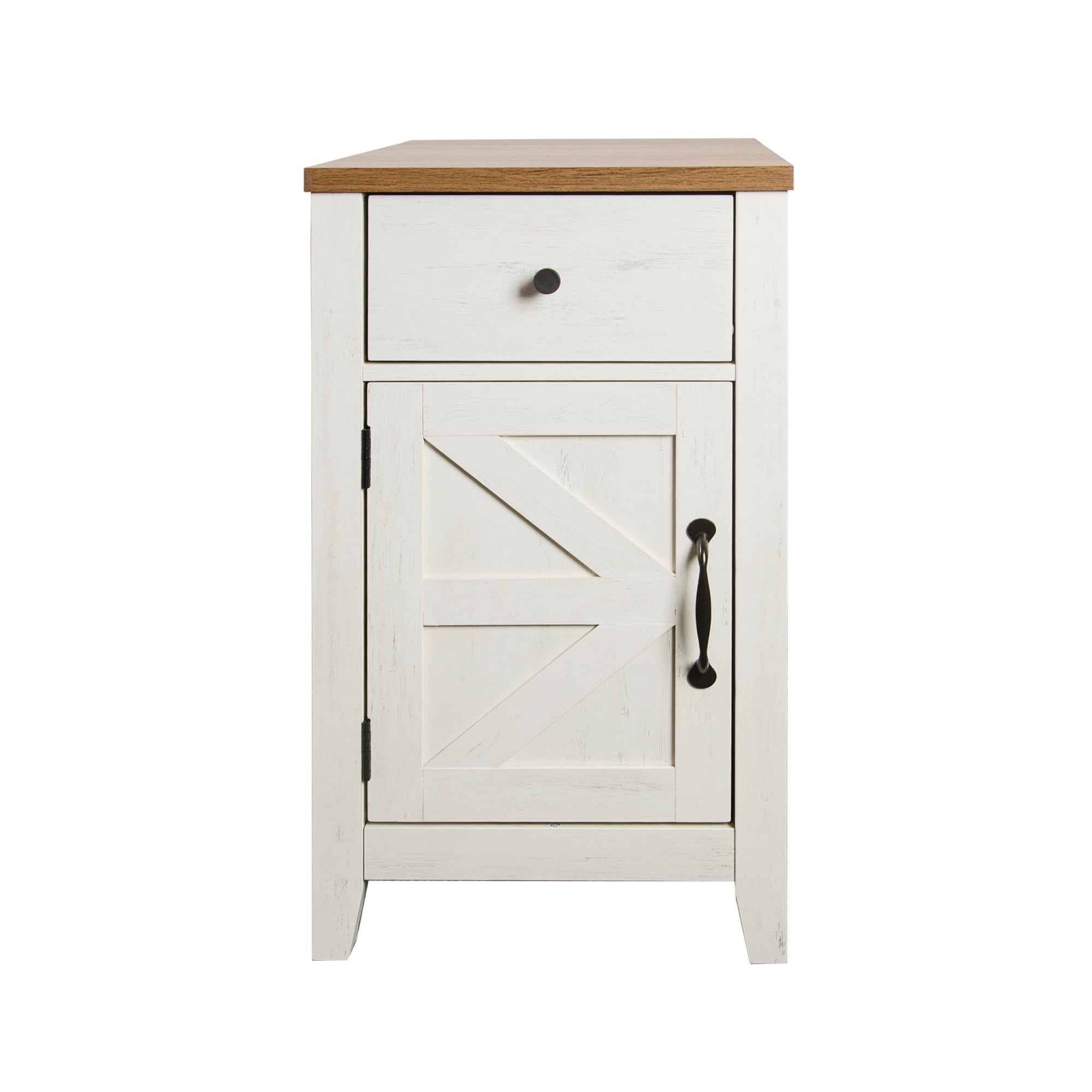 HOQBN Farmhouse End Table with Charging Station, Nightstand with Barn Door and Drawer, Bedside Table for Bedroom Living Room, Brown+White
