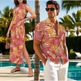 thumbnail image 3 of Jeiento Matching Hawaiian Outfits for Couples Dress for Women Mens Short Sleeve Button Down Shirts Retro Tropical Leaves Long Maxi Slit Cap Sleeve Round Neck Loose Fit Vacation Shirt, 3 of 7