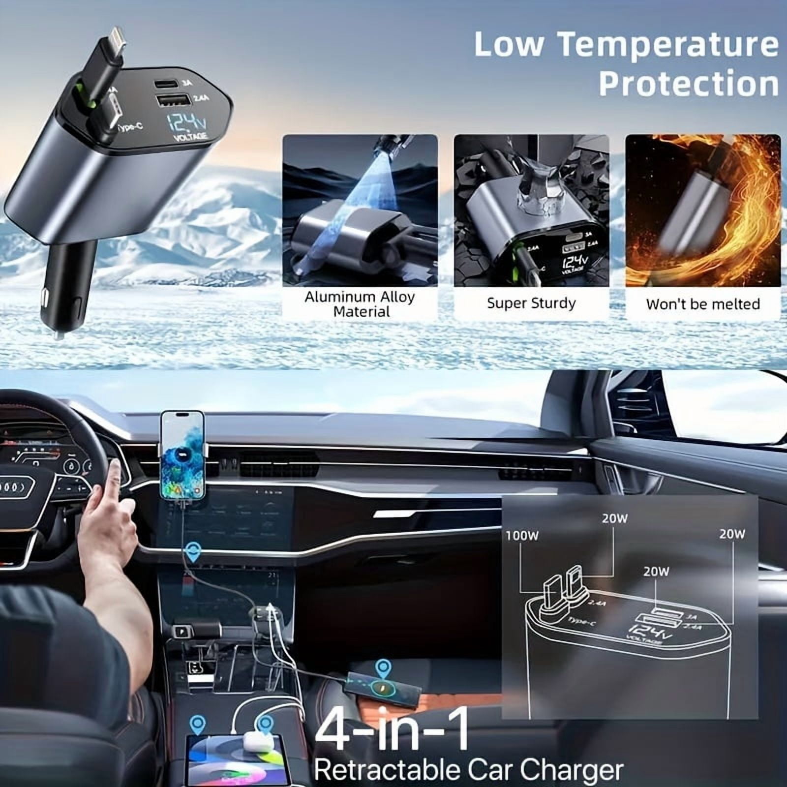 Retractable Car Charger 4in 1 Fast Car Phone Charger, Type C/IOS Car Charger Adapter with 2X Retractable Phone Charger Cables And 2X USB Ports for iPhone 15/14/13/12 Max, Samsung S24/S23, Smartphon