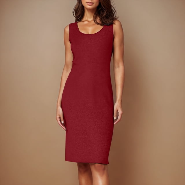 Karight Women's Summer Rib Knit Stretch Crewneck Sleeveless Bodycon Midi Dress