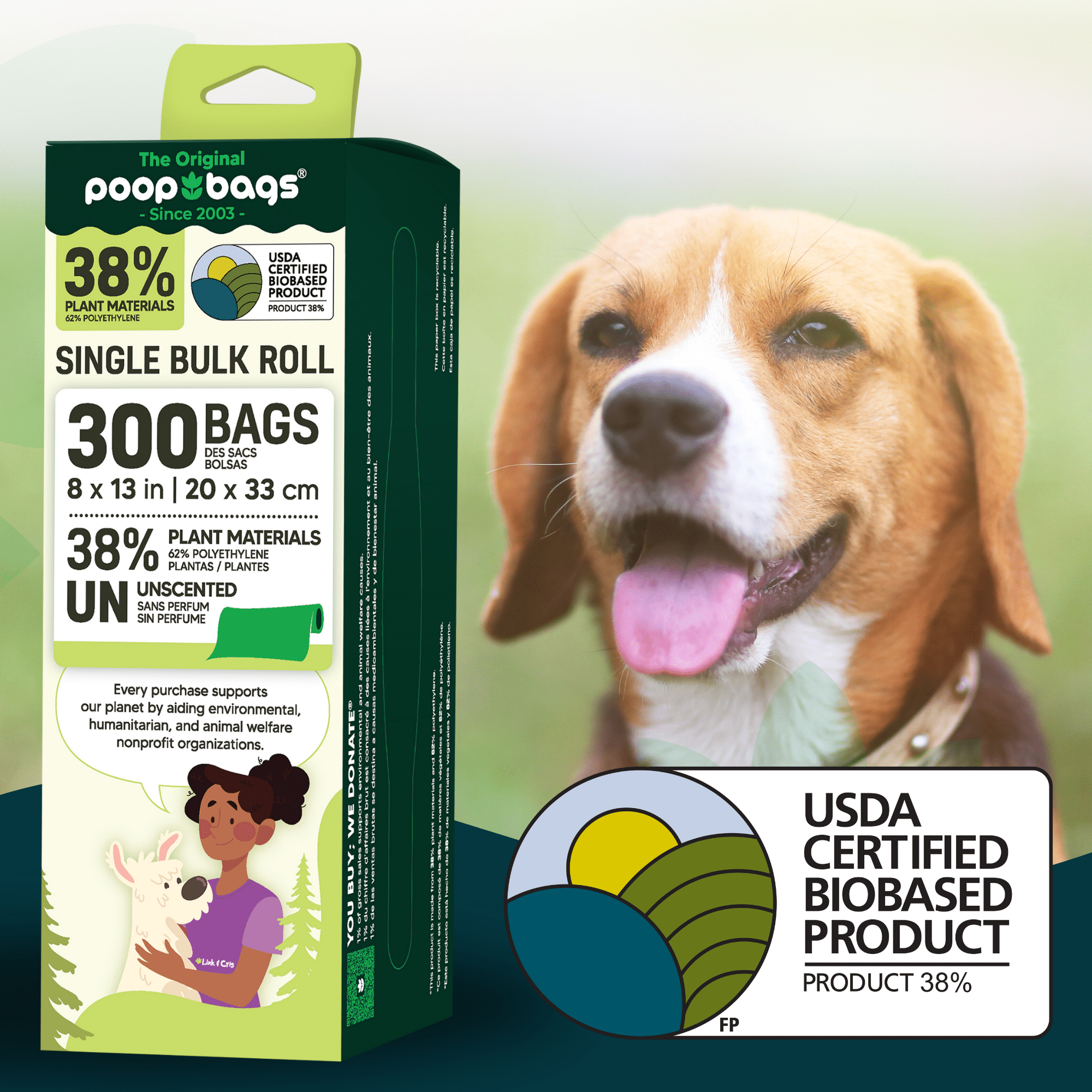 The Original Poop Bags® USDA Certified 38% Plant-Based Doggy Poop Bags Refills - Unscented, Leak-Proof & Strong, Single Bulk Roll, 300 Count