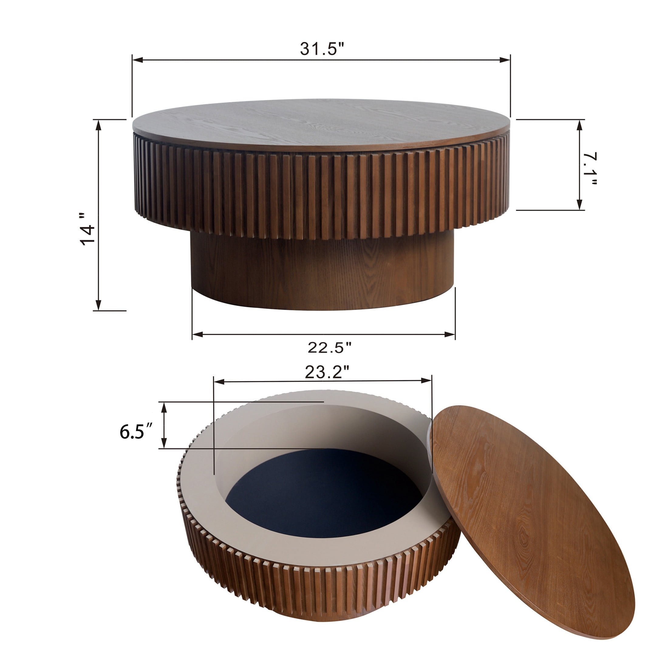 Noble House Leigh 31.5'' Round Modern Coffee Table with Hidden Storage, Solid Wood Veneer, Accent Tea Table, Walnut