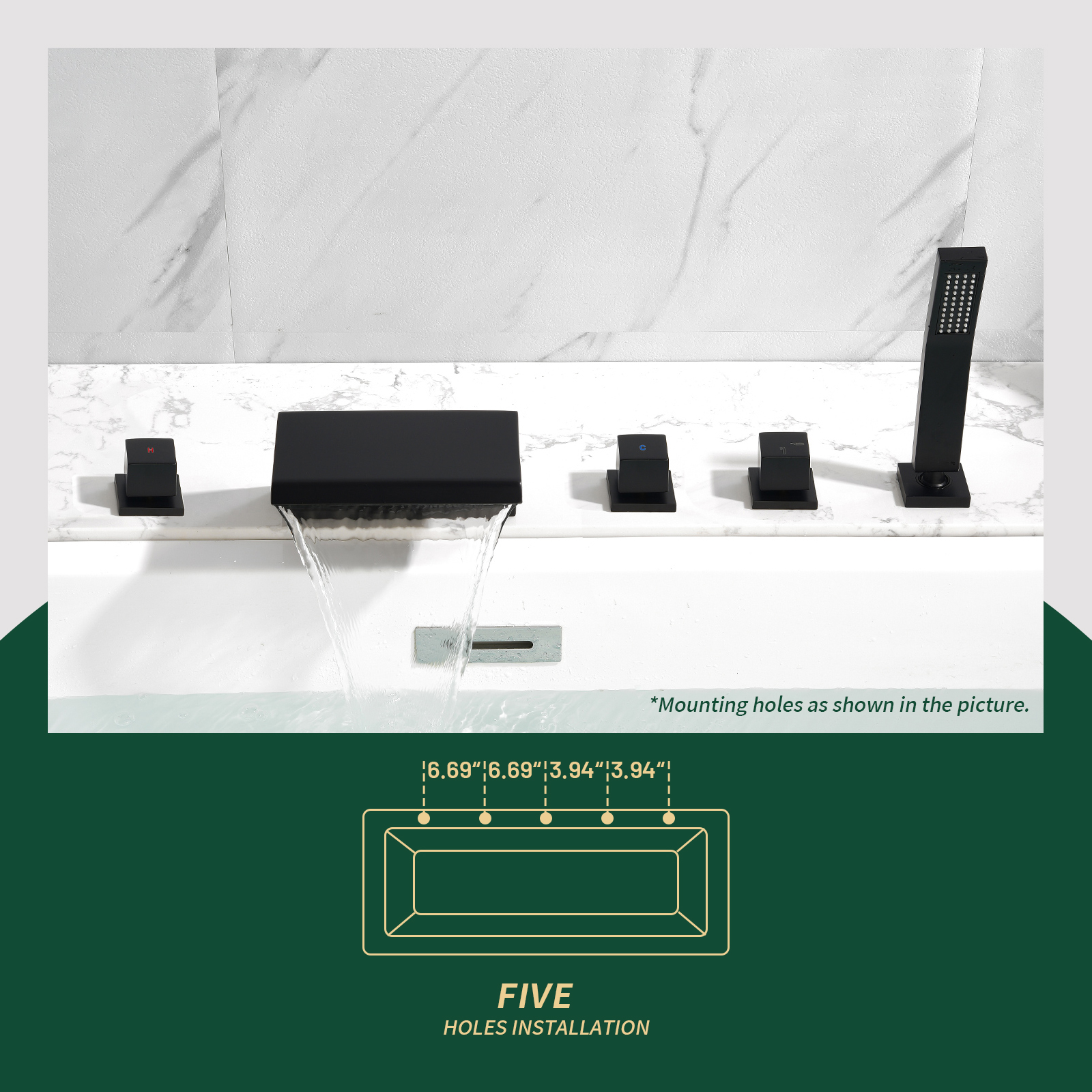 Cobbe 5-Hole Deck Mount Bathtub Faucet Kit with Hot Water Switch, 7.09-Inch Wide Bathtub Spout, Cold Water Switch, Diverter Knob and Handheld shower Matte Black