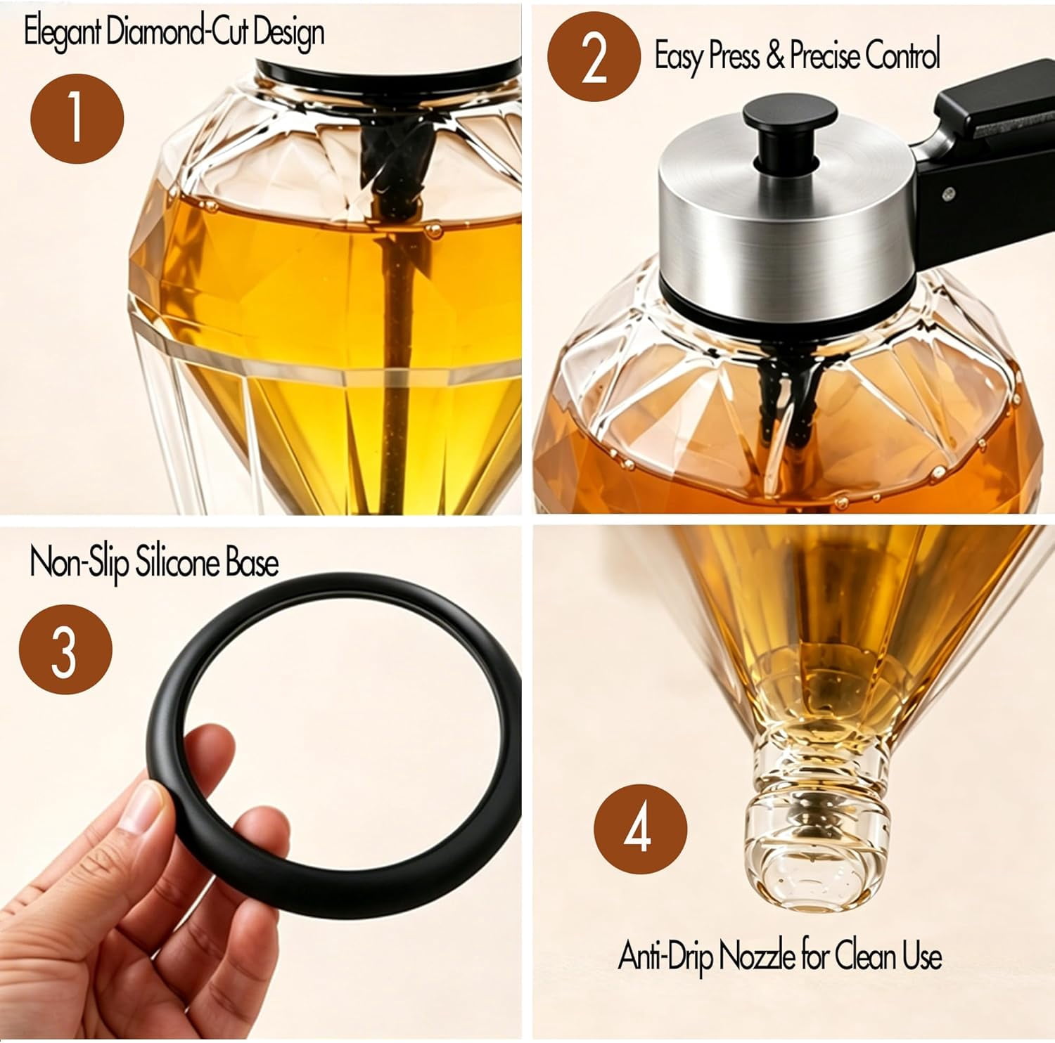 Honey Dispenser, Syrup Dispenser with Stand for Syrup, 200ml Diamond Glass and Oil Sugar, Sauces, Condiments, Shape Home kitchen gadgets (200ML)