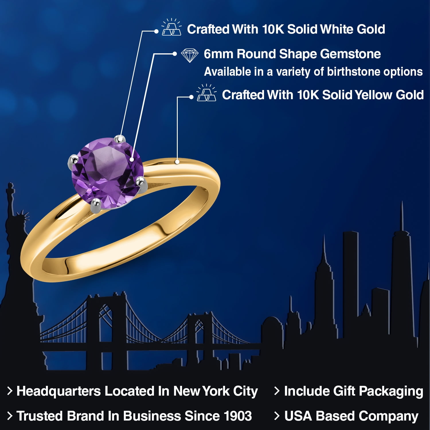 Gem Stone King 10K Two Tone Gold Purple Amethyst Solitaire Engagement Ring for Women | 1.00 Cttw | Round 6MM | Gemstone February Birthstone | Size 8