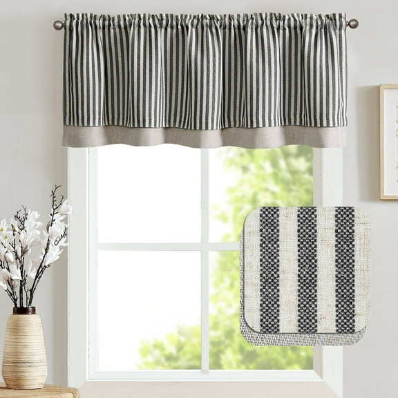 Curtainking Stripe Rod Pocket Blackout Kitchen Valance 50x18 inch Double Layer Window Valance for Kitchen 1 Panel Black on Beige