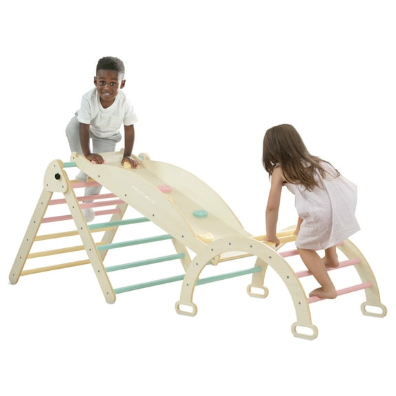 Delta Children Lil’ Climber Gym - Wooden Indoor Climbing Gym Playground for Kids - Montessori Toy with Reversible Arch/Rocking Chair, Reversible Rock Wall/Slide Ramp and Pikler Triangle - Ages 3 