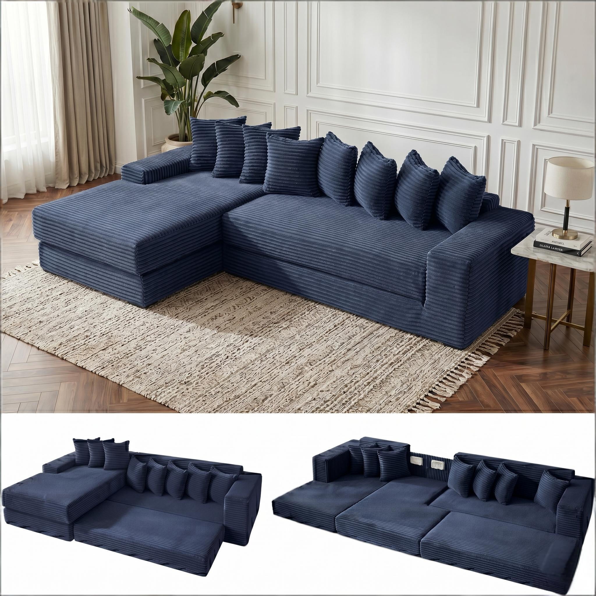 Howcool Modern L-Shaped Sectional Sleeper Sofa Oversized Cloud Couch 3-in-1 Convertible Floor Bed Corduroy with 8 Pillows