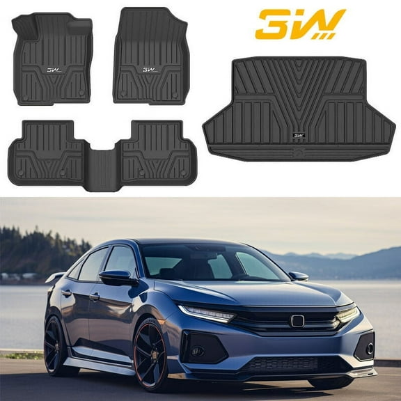3W Floor Mats & Cargo Liner for Honda Civic 2022-2024 (Not Fit 2024 Hybrid) Black All Weather Mats Waterproof TPE Custom Fit Floor Liner 1st Full Set Car Mats & Trunk Mat