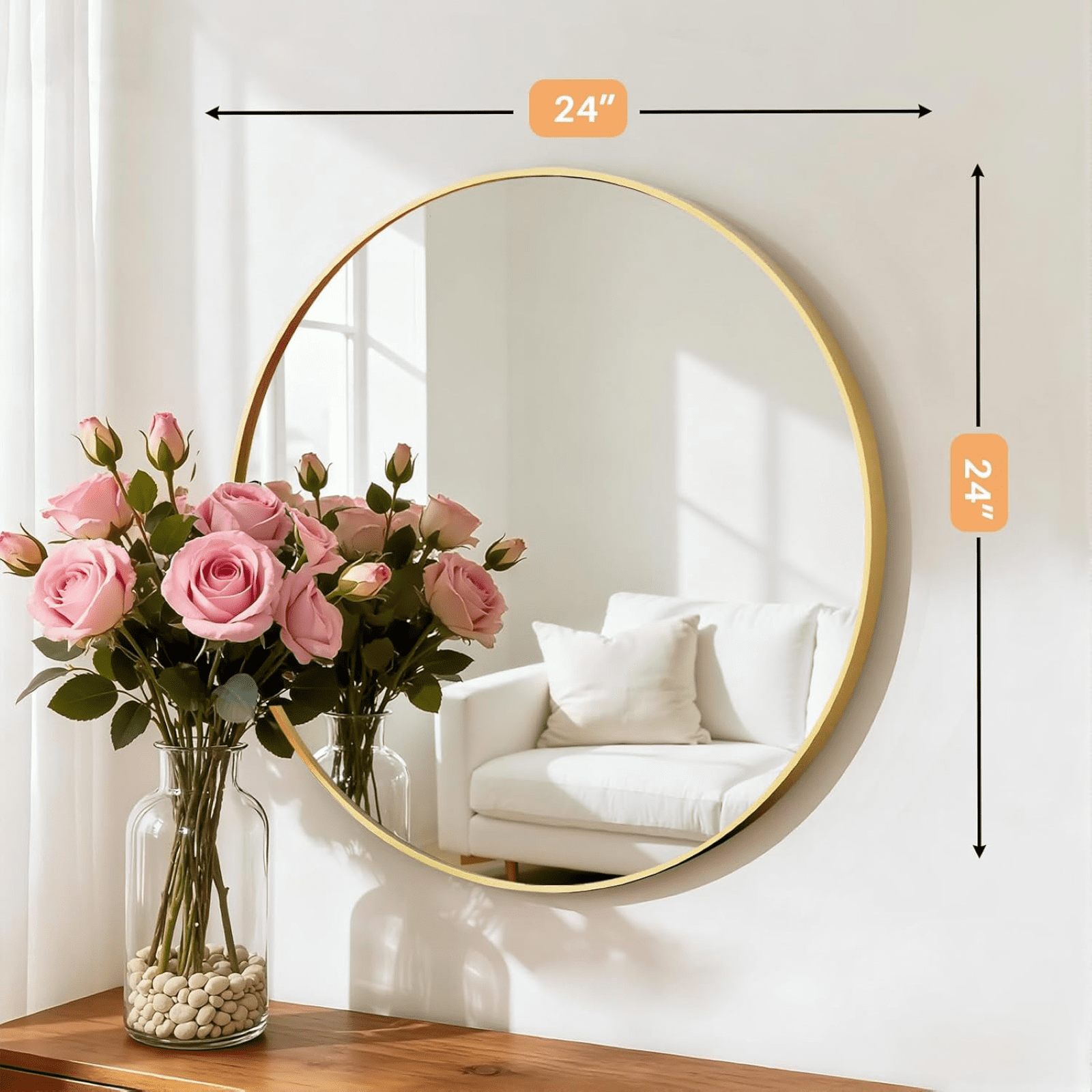 AUROMIR 24" Round Wall Mirror Bathroom Vanity Mirror Aluminum Alloy Frame,Glod