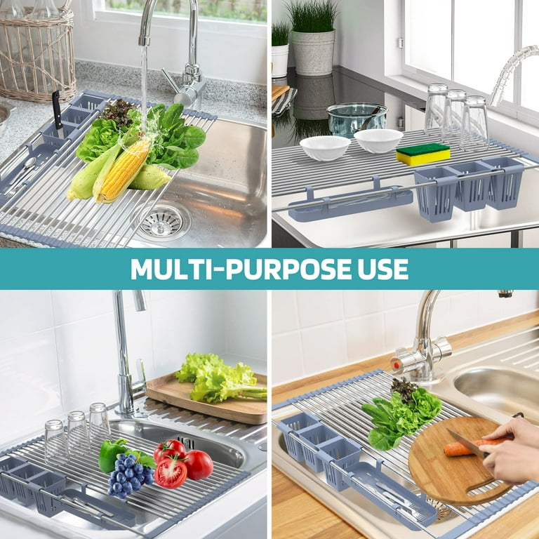 Expandable Roll Up Dish Drying Rack with Storage Baskets,Over The