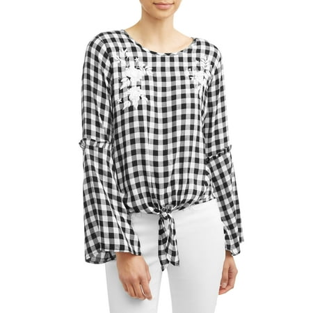 - Women's Gingham Embroidered Tie Front Top