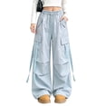 thumbnail image 2 of Bixock Cargo Pants for Girls High Waist Wide Leg Pants Kids Elastic Waist Solid Color Side Pocket Loose Breathable Fall Winter Outdoor Sport Casual Wear Size 13-14Years, 2 of 5