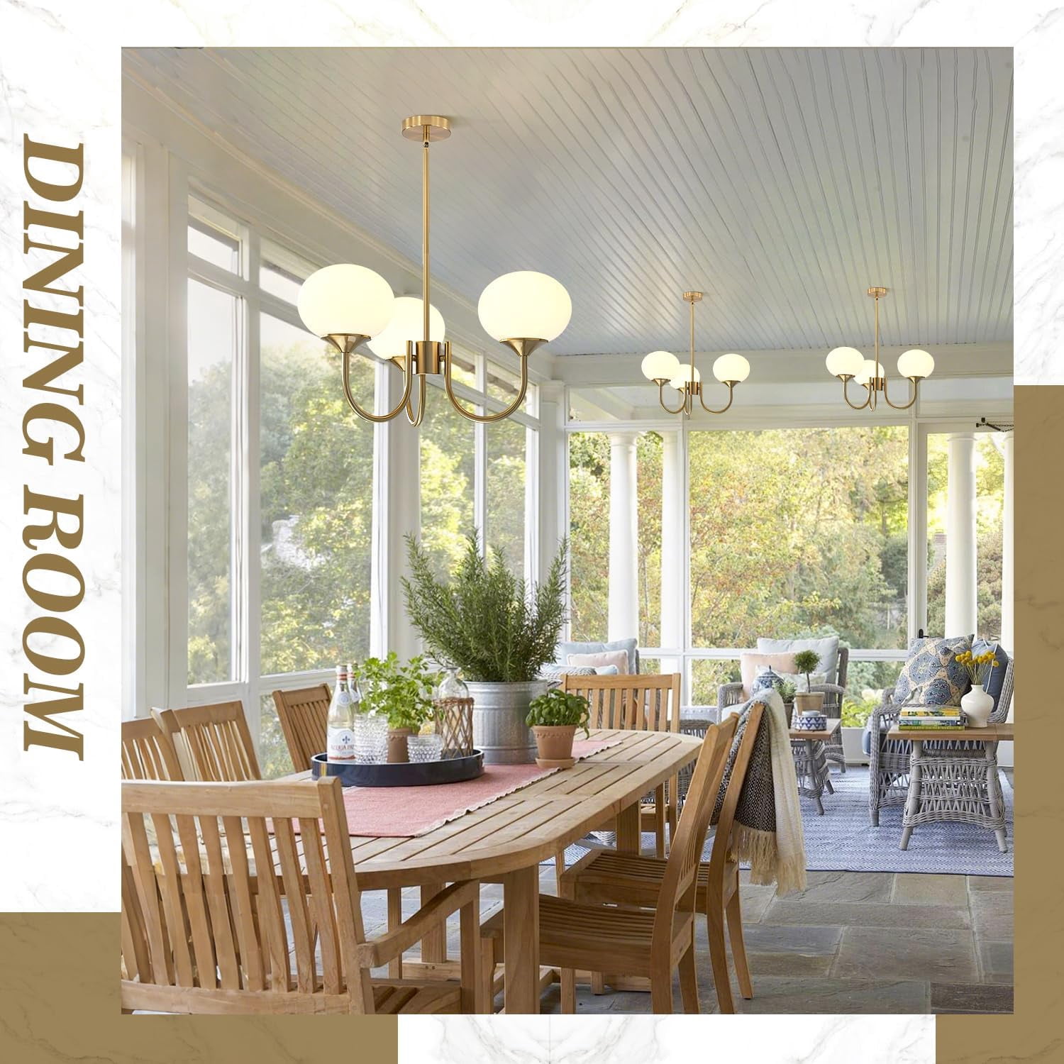 KCO Lighting 3 Light Vintage Gold Chandelier Milk Glass Globe Chandeliers Dining Room Kitchen