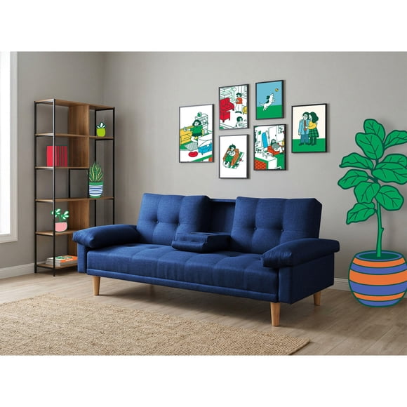 Sofá Cama Makora Hendrix Con Memory Foam, Color Azul, Lino Respaldo Reclinable De 3 posiciones. Makora Con Portavasos