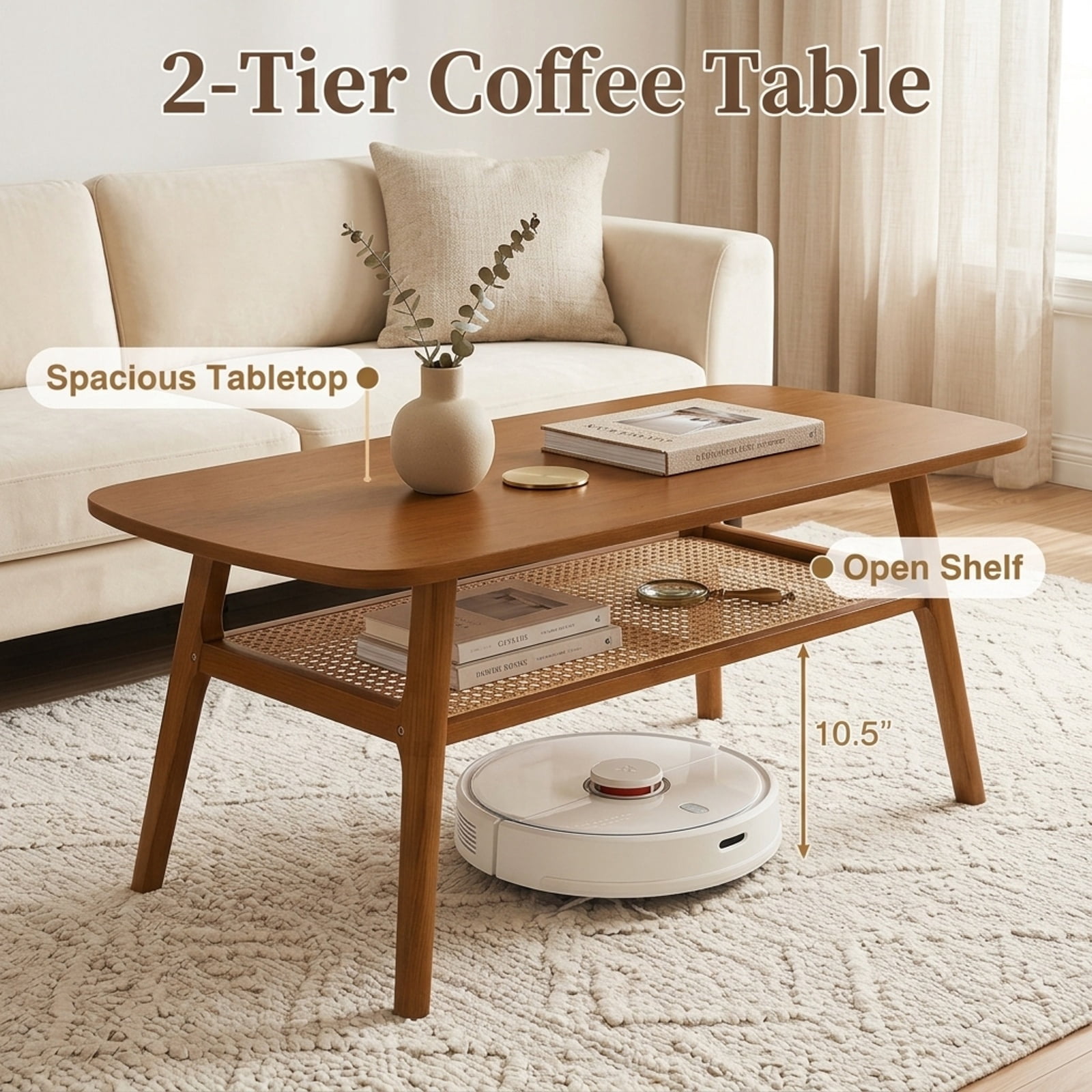Furnibear 2 Tier Boho Rattan Coffee Table with Rounded Corners Rubber Wood Frame and Woven Open Shelf for Living Room, Walnut