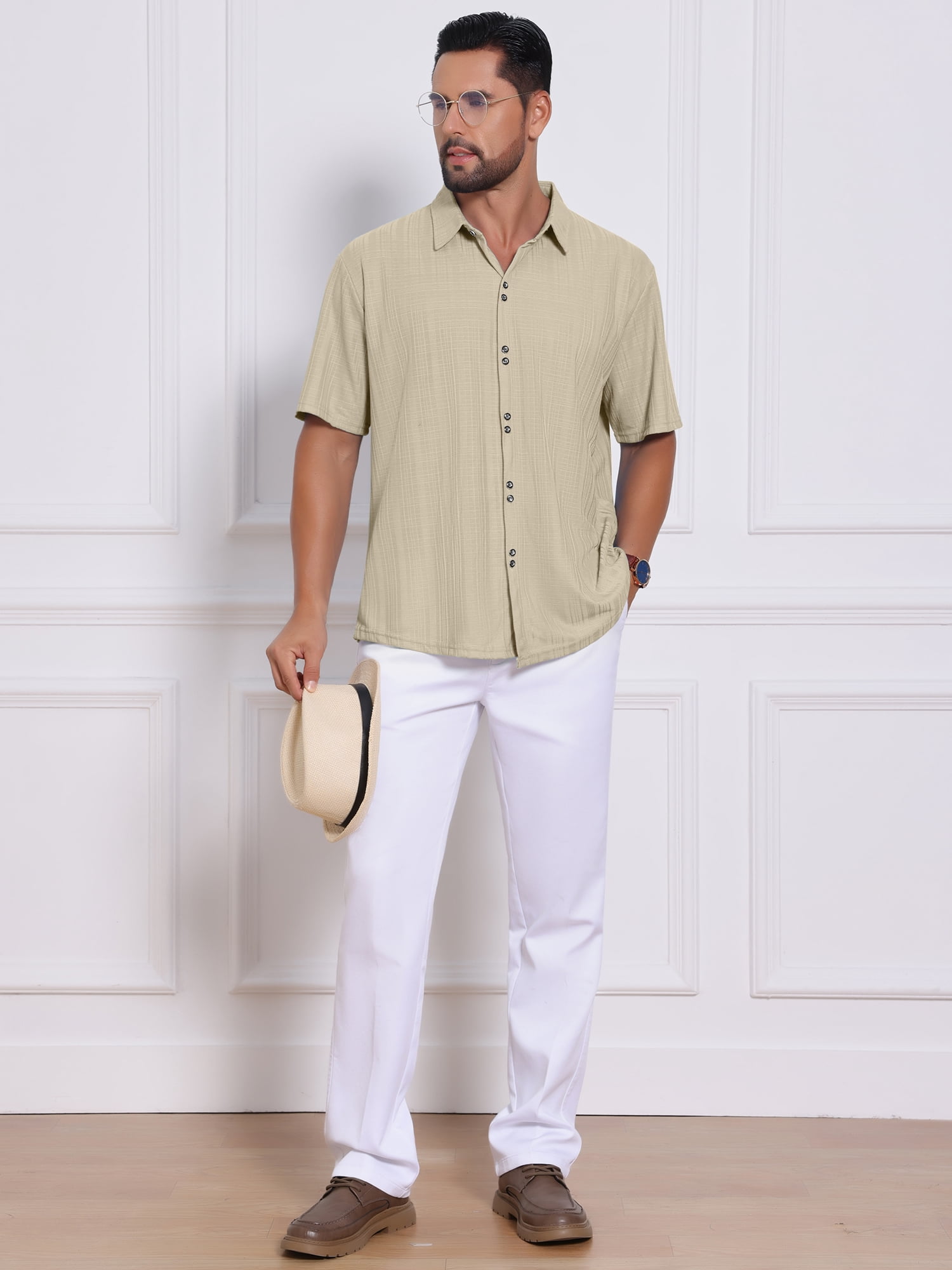 DARING DIVA Men's Texture Short Sleeve Button Down Casual Knitted Shirt S Khaki