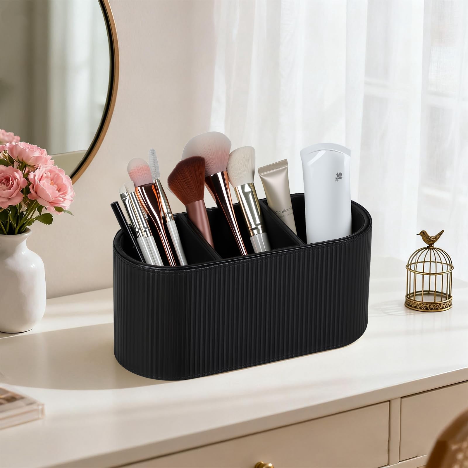 Black PU Leather Desktop Organizer with 3 Compartments for Home Office Supplies and Remote Controls