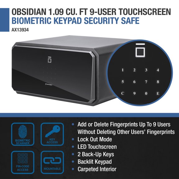 Obsidian Deluxe Touchscreen Home Safe 1.09 Cu Ft 9-User Biometric Fingerprint