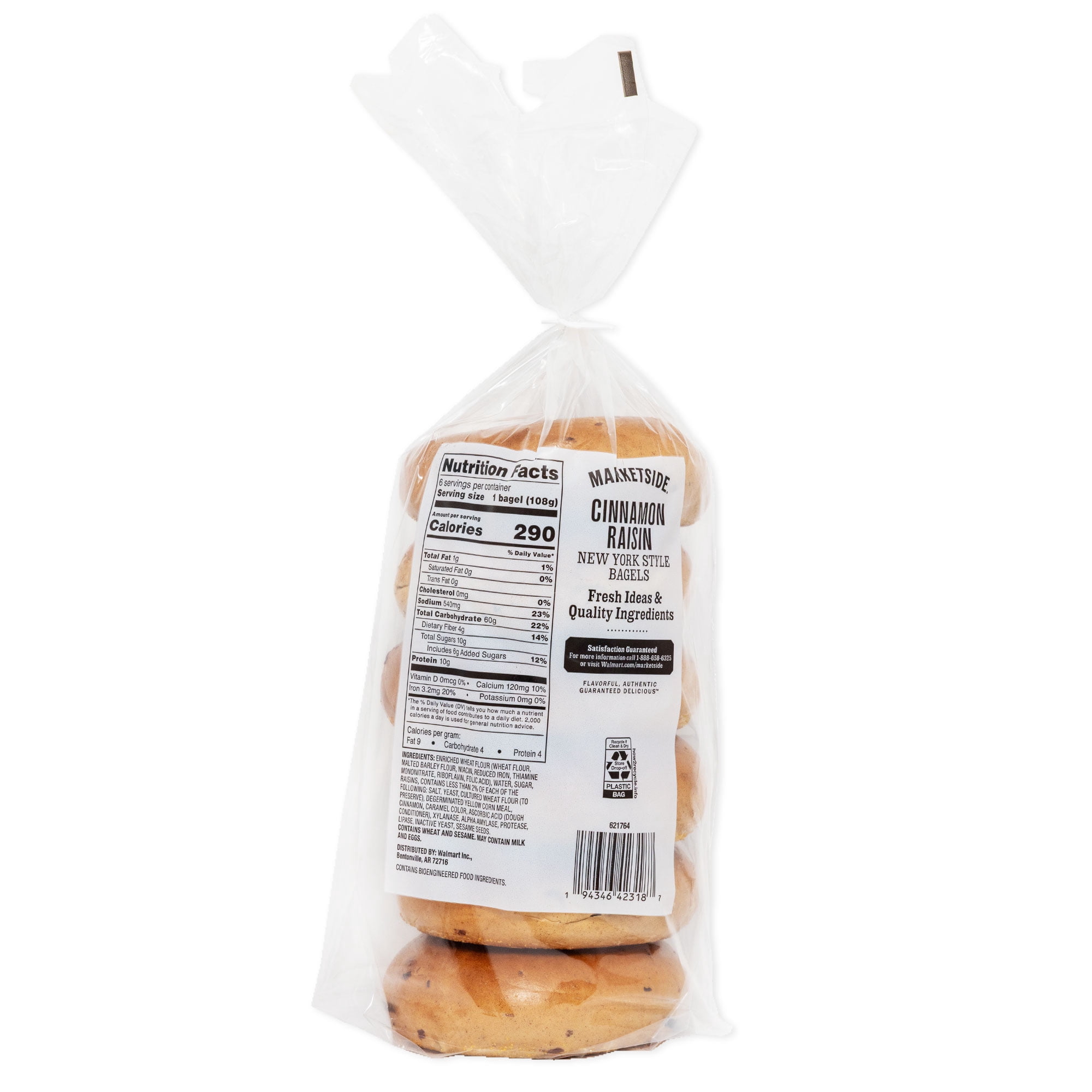 Marketside Fresh Cinnamon Raisin Bagels, Wheat and Barley Flour, Shelf-Stable, 22.8 oz, 6 Count