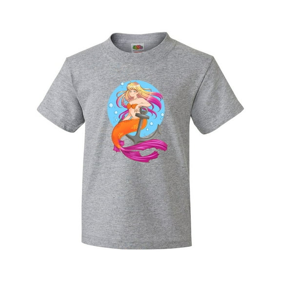 Inktastic Nautical Orange and Pink Mermaid Sitting on Anchor Youth T-Shirt