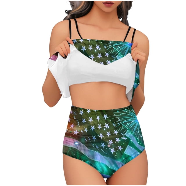 Trajes de Baño de Bikini de Mujer Conjunto de Cintura Alta de Vendaje de Impresión Sexy con Almohadillas de Pecho, Conjunto de Bikini de Mujer Conservador Y sin Mangas