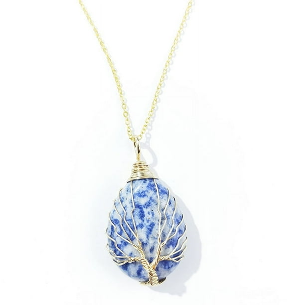 Zhuge Collar con colgante de árbol de la vida, adornos de collar para hombres y mujeres hechos a mano, collar con colgante de gota de agua de árbol de la vida envuelto en oro (azul y blanco)