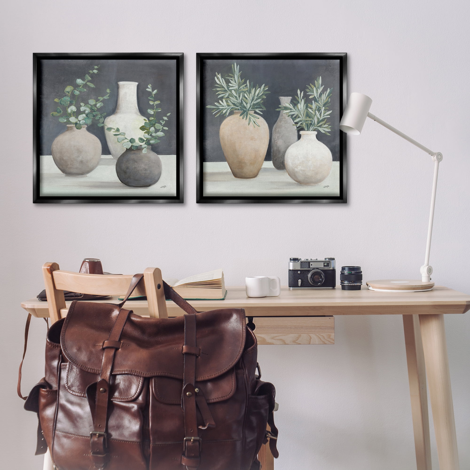 Stupell Industries Eucalyptus Greens Fresh Vessels Plants & Flowers Painting Black Floater Framed Canvas Art Print Wall Art, 25 x 25, Set of 2