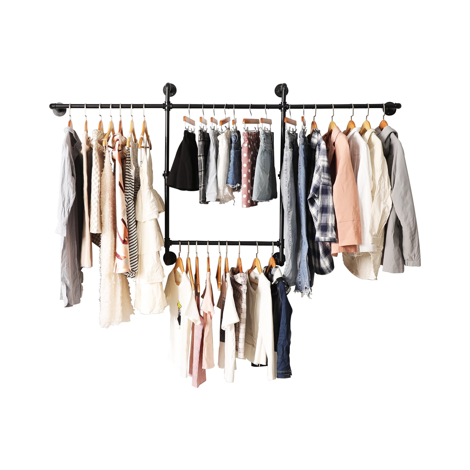 Black Metal Industrial Wall-Mounted Clothing Rack with Four Hanging Rods