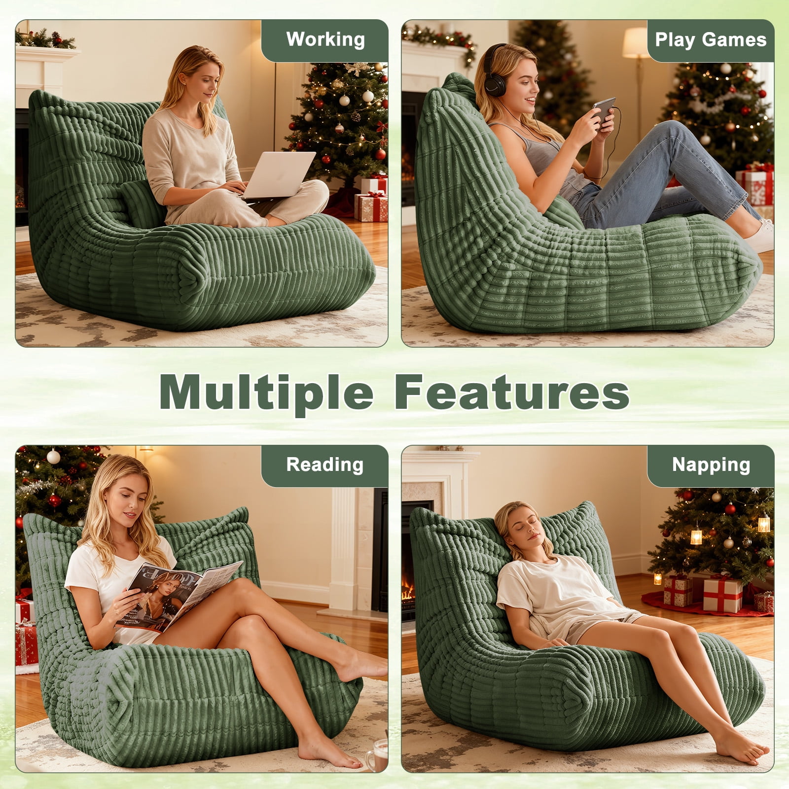 Bean Bag Chair for Adults with Lumbar support pillow Memory Foam Giant Bean Bag Sofa with Corduroy Material Lazy Sofa for Living Room Bedroom Dorm Office, Green