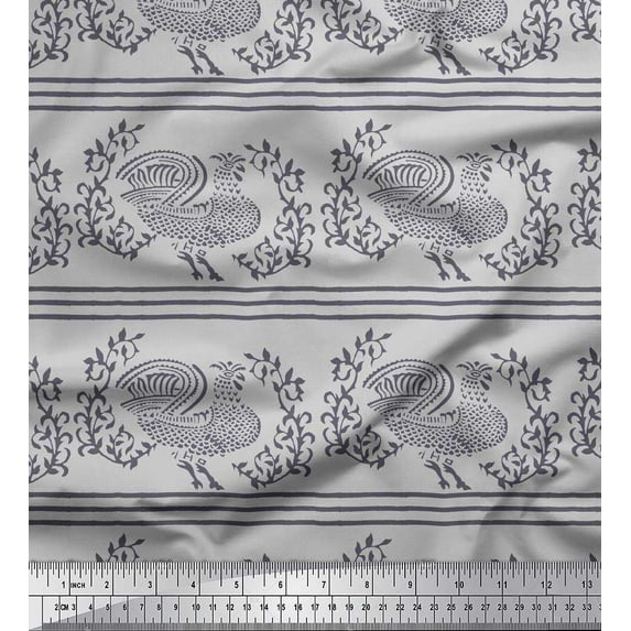 Soimoi Polyester Crepe Fabric Stripe,Leaves & Hen Block Printed Fabric 1 Yard 52 Inch Wide