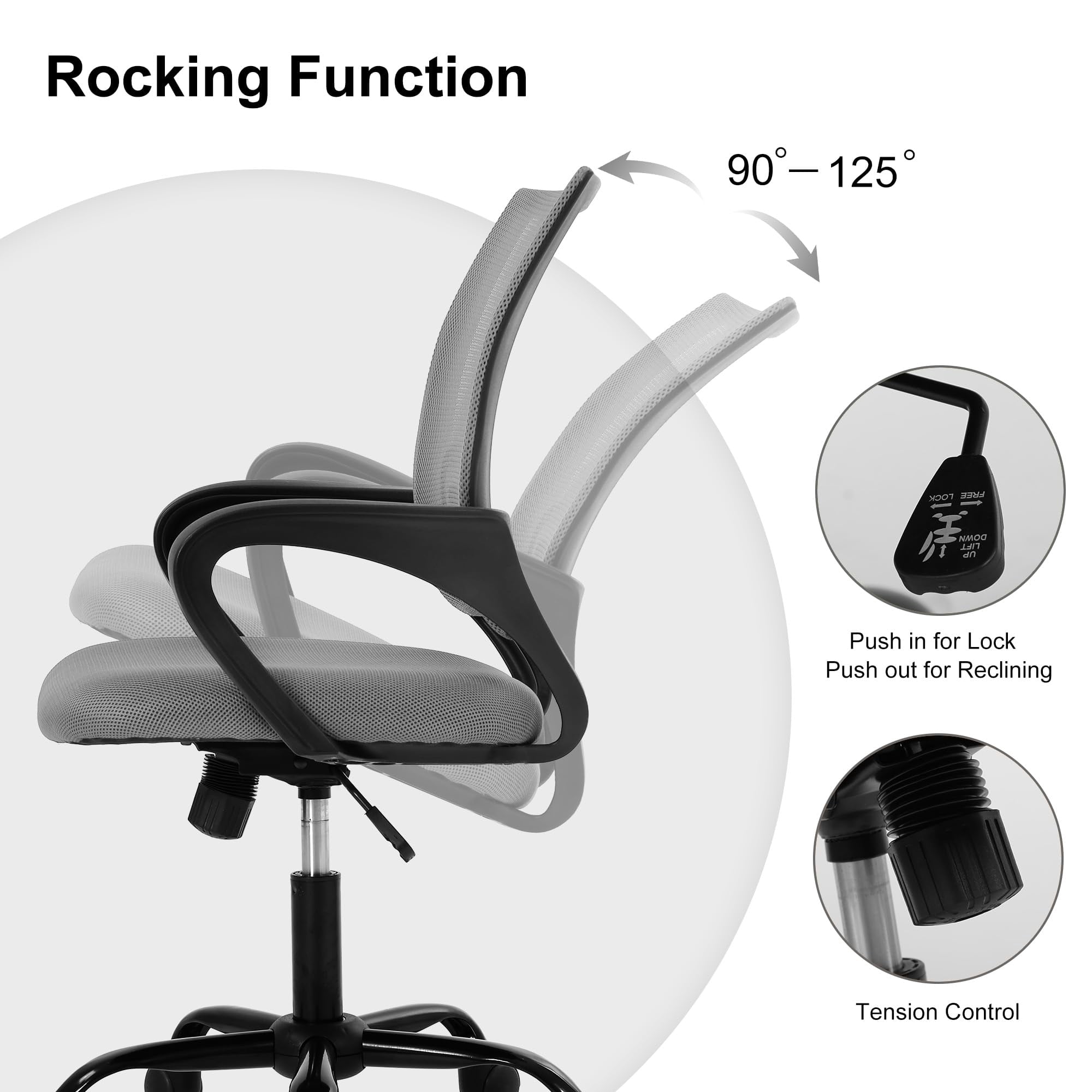 CL.HPAHKL Ergonomic Desk Chair, Mid-Back Mesh Office Chair with Wheels, Rolling Swivel Computer Task Chair for Home Office, Fixed Armrests, Tilt & Height Adjustable, Gray