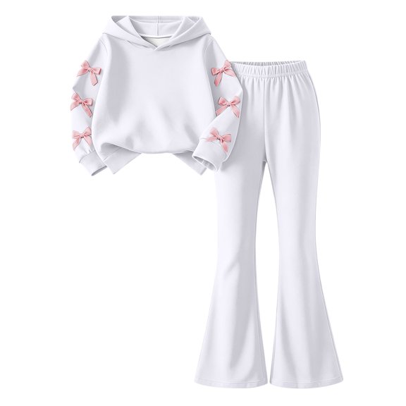 vdgthytj 2 Piece Sweatsuits for Girls Side Bowknot Long Sleeve Hooded Tops Flare Pants Fall Winter Casual Outfits(14-15 Years,White)