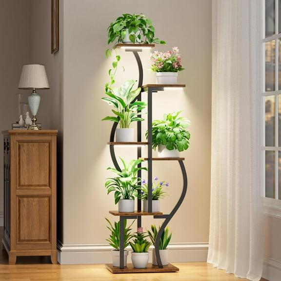 53'' Plant Stand Indoor with Grow Lights - 6 Tiered Metal Plant Shelf for Multiple Plants, Corner Rack and Home Decor, Flower Display Rack for Garden, Patio, Living Room