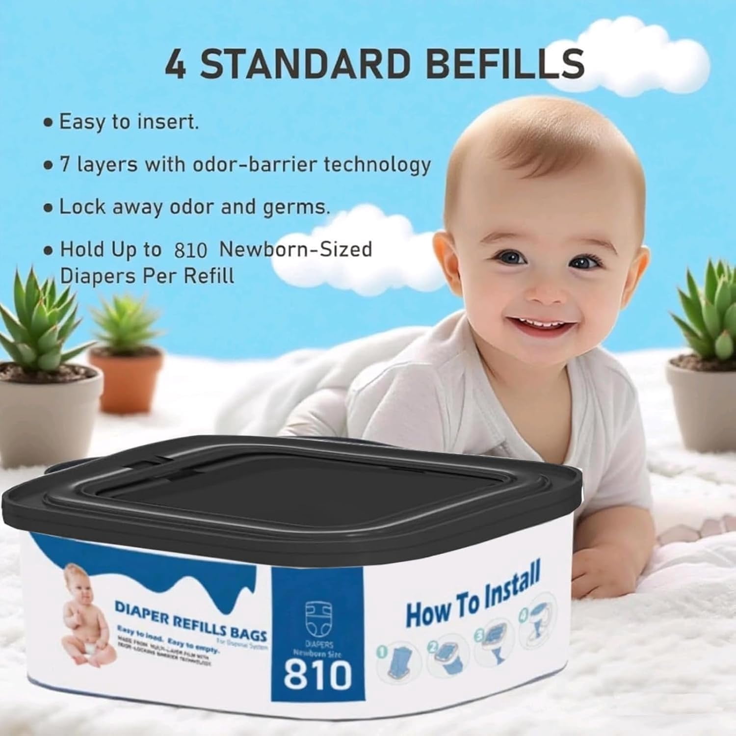 4 Pack Jumbo Bags Refill Compatible with Diaper Genie Compact, Select Pails (Not Fit Classic), Max Order Control, Holds Up to 810 Newborn Diapers, Disposal Bag Refills with Continuous Film