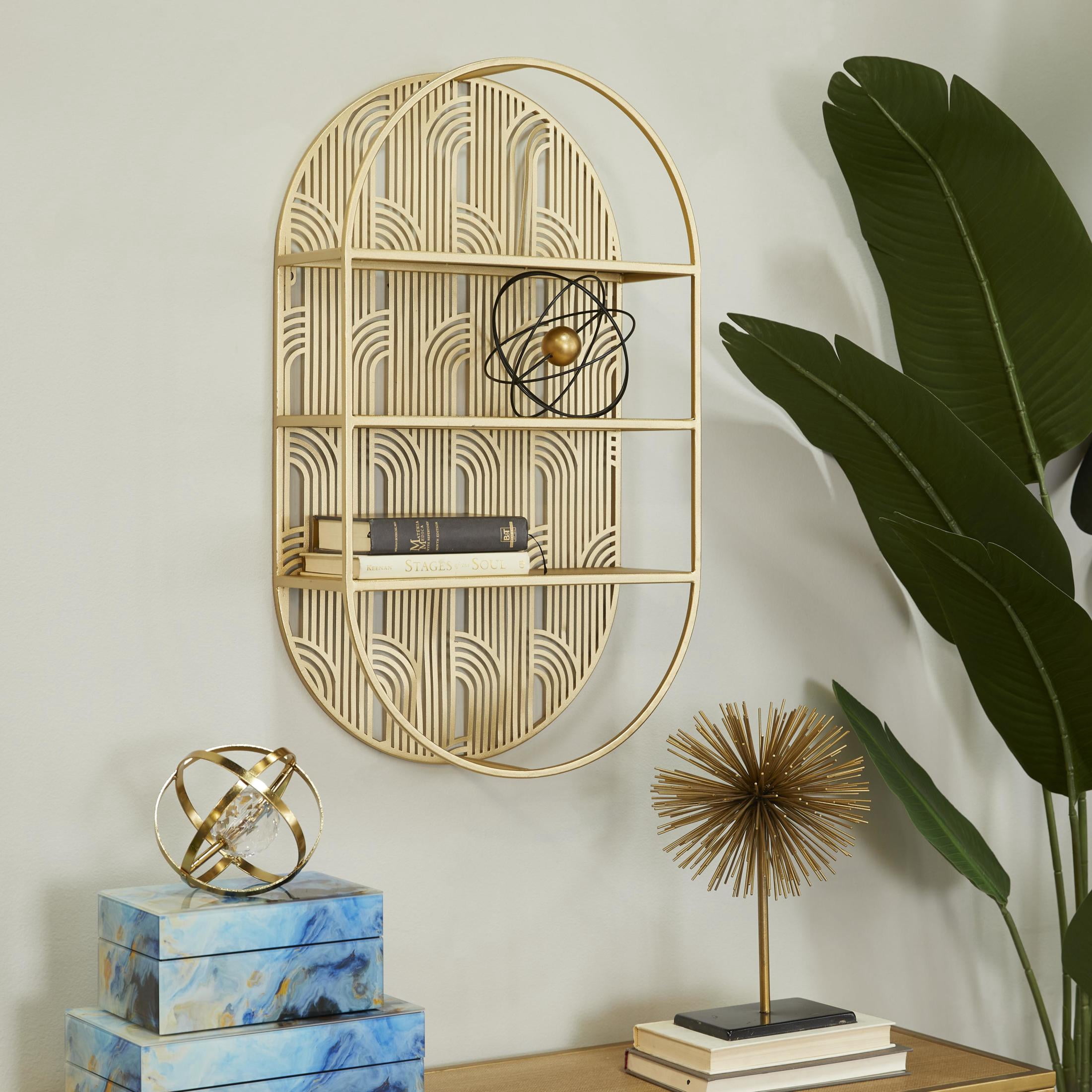 CosmoLiving by Cosmopolitan Glam Metal 3 Tier Oval Wall Shelf with Curved Line Pattern and Gold Polished Finish, 16"W x 28"H