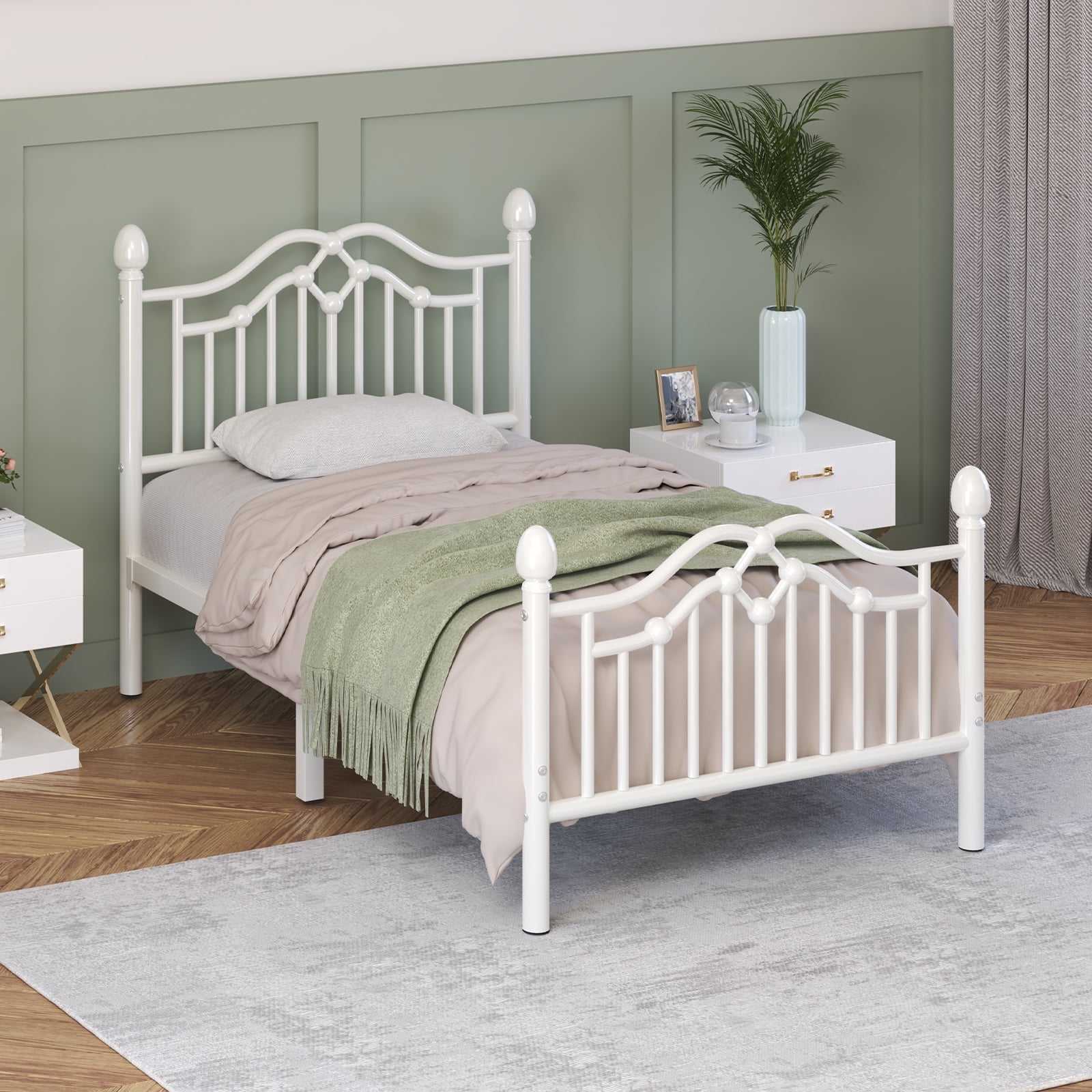 E-Ser Twin Size Metal Platform Bed Frame,Modern Headboard And Footboard,Adequate Under Bed Storage,No Box Spring Needed,White