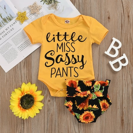 Summer Newborn Kids Baby Girl Romper Tops+Sunflower Bow Pants Outfits Clothes Yellow 6-12 Months