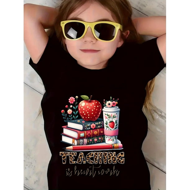 Girls' School-Themed Graphic T-Shirt - Lightweight Breathable Kids Top for Back to School, Soft Stretchy Cotton Shirt - Machine Washable, Book Lover apparel, Comfortable Fit, Fun School Design