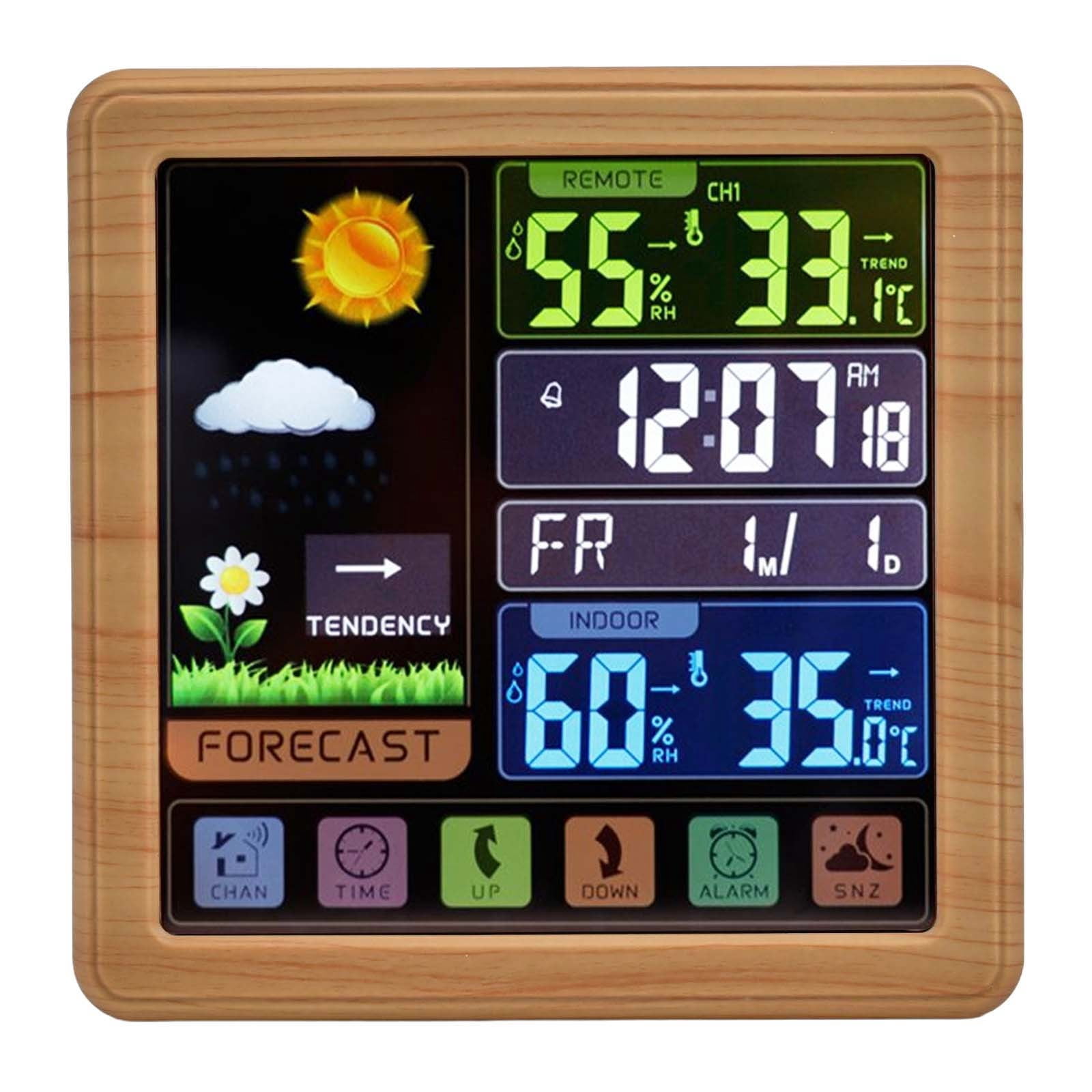 Indoor Outdoor Weather Station with Touch Screen Clock, Temperature and Humidity Monitor, Wood Grain Color, 4-Level Weather Forecast