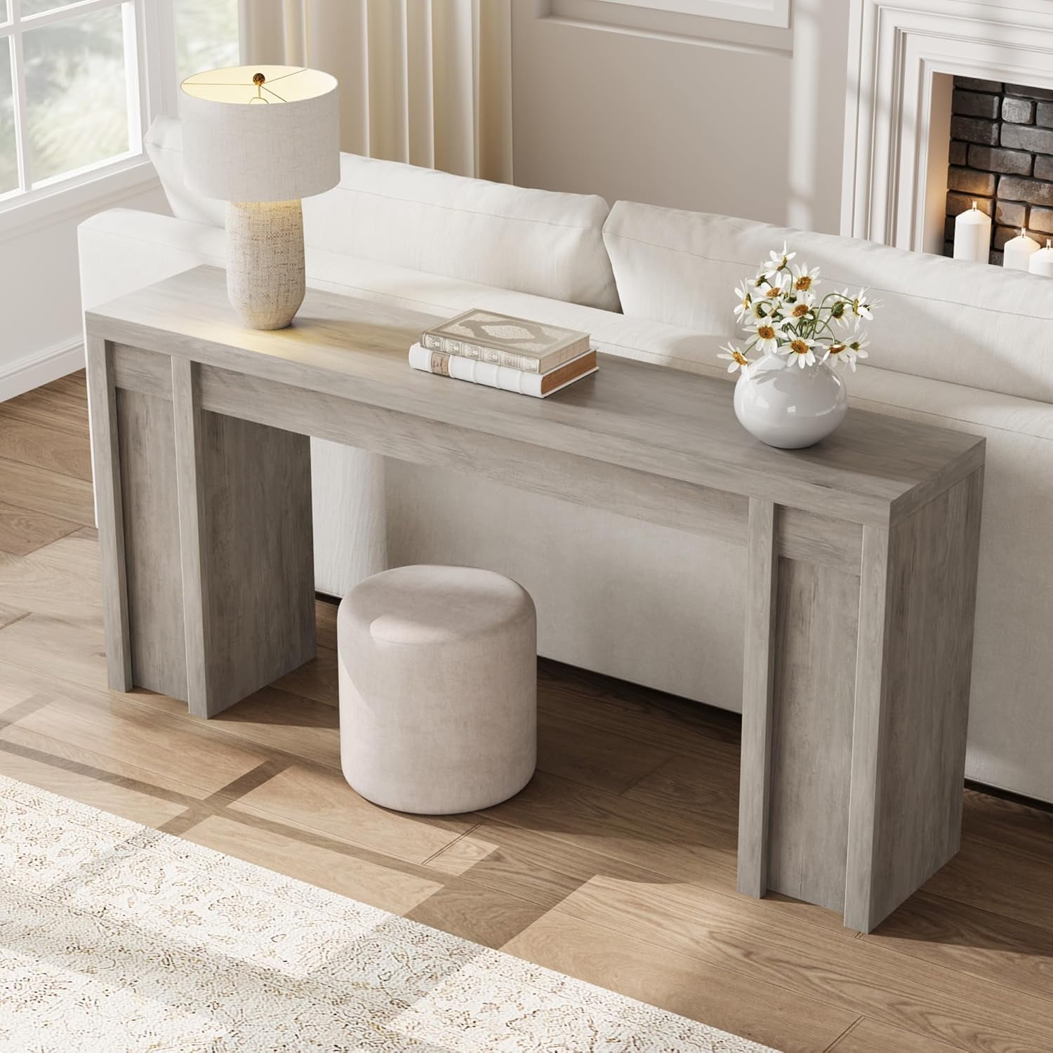 Farmhouse Gray 70.9'' Extra-Long Wooden Console Table – 2 Drawers, 2-Tier Open Storage, Sturdy Mark-Resistant Entryway or Sofa Table for Living Room, Hallway, or Foyer – Gray Color