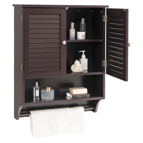 YfulYde Bathroom Medicine Cabinet, Storage Cabinet with Double Louvered Doors, Wall Mounted Cabinet with Open Shelf & Towel Bar, Over The Toilet Space Saver Cabinet for Living Room Kitchen (Espresso)