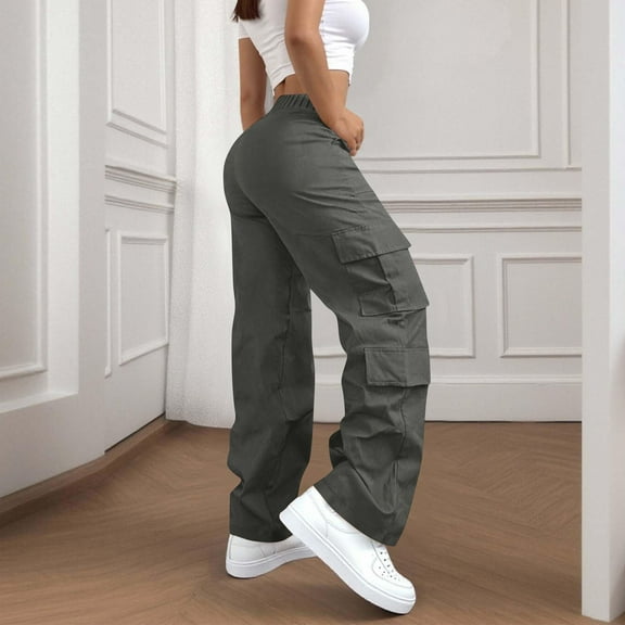 Gray Hiking Pants Women Cargo Pants for Women High Waisted Hiking Pants Baggy Stretchy Wide Leg Streetwear with 6 Pockets