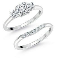 Gem Stone King 10K White Gold White Moissanite and Lab Grown Diamond 3 Stone Bridal Engagement Wedding Ring Set for Women (0.97 Cttw, 5MM and 3MM Cushion Cut, Available in Size 5, 6, 7, 8, 9)