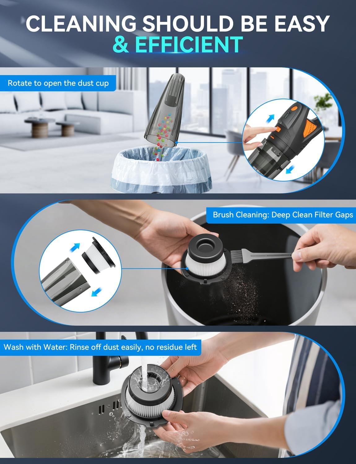 GV09 Handheld Vacuum Cleaner - 25000PA Powerful Suction, 8000mAh Battery, HEPA Filter, 2 Speeds, Cordless, for Home, Car, Office, Pets