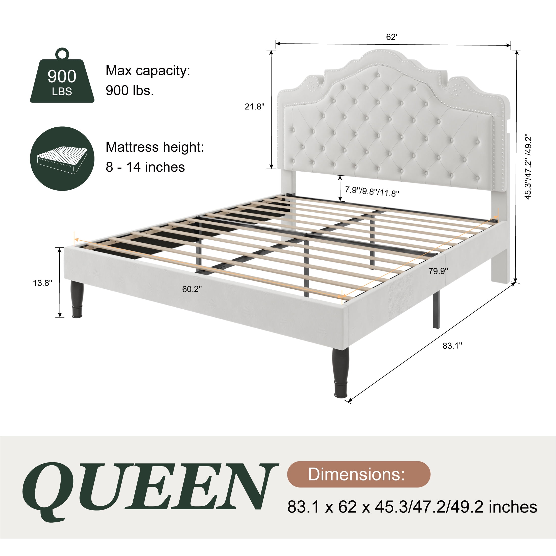Amolife Queen Bed Frame with Adjustable Crown-Shaped Headboard, Upholstered Platform Bed, No Box Spring Required, White